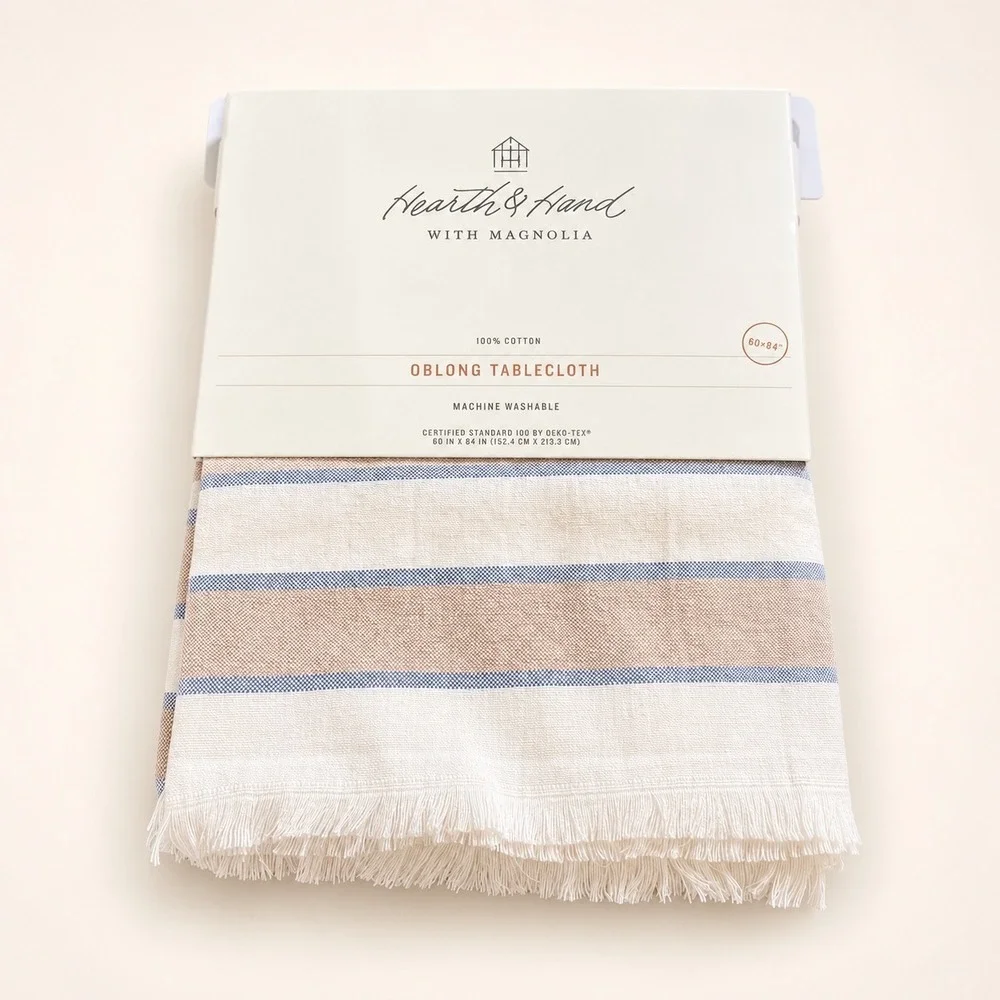 Hearth & Hand Magnolia Striped Oblong Tablecloth 60x84 Fringed Woven Cotton NEW
